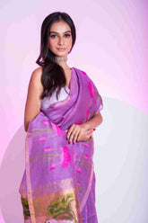 PURE SILK LINEN TISSUE SAREE - DERPAR LOTUS PAITHANI PALLU WITH JAMDANI WORK