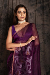 Silk Linen Oneside Silver Jamdani In Purple