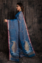 Tissue Linen Pallu Aam Kolka Jamdani In Blue Colour