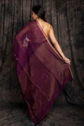Linen Sliver Zari Hibiscus Jamdani In Magenta Colour