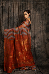 Linen Stripe Jamdani In Orange Colour