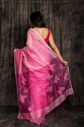 Silk Linen Sequins Butterfly Jamdani In Pink Colour