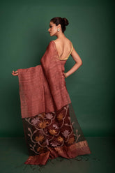 Silk Linen Sequins Gicha Jamdani In Brown Colour