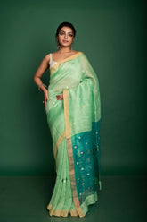 Silk Linen All Over Ball Jamdani In Green