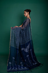 Linen Stripe Pallu Bird Jamdani In Blue Colour