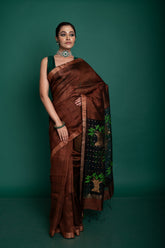 Matka Pallu Dabur Tree Jamdani Saree In Brown Colour