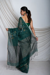 Linen Vidya Balan Jamdani In Green Colour