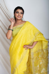 Silk Linen Sequins Pallu Jamdani Yellow Colour