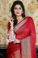 Pure Linen Gajar Jamdani In Crimson Red