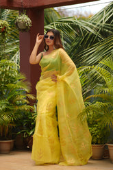 PURE MUSLIN JAMDANI SAREE - TRISHUL MOTIF WITH SILVER & GOLEND ZARI