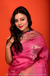 Pure Zari Tussar Handblock Printing In Pink Colour