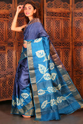 Pure Zari Tussar Handblock Printing In Blue Colour