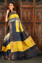 Pure Zari Tussar Temple Hand Block Print In Yellow Colour