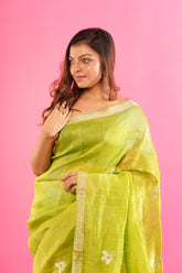 Pure Silk Lilen Alpona Jamdani In Lime Green Colour