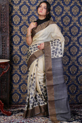 Pure Zari Tussar Hand Block In White Colour