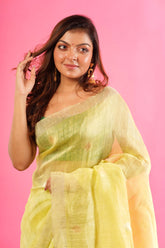 Pure Silk Linen Sheuli Phool Jamdani In Yellow Colour
