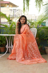 Pure Silk Linen Dhakai Jamdani In Orange Colour