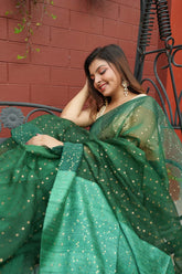 Pure Resham Border Sequins In Green Colour