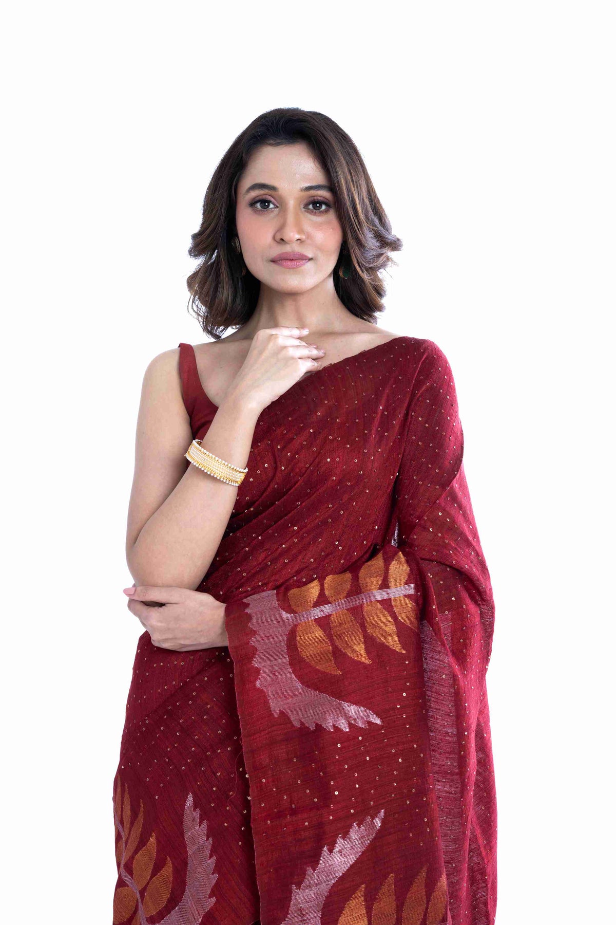 Premium Matka Silk Saree with Allover Sequins & Jamdani Border – Silk Mark Certified