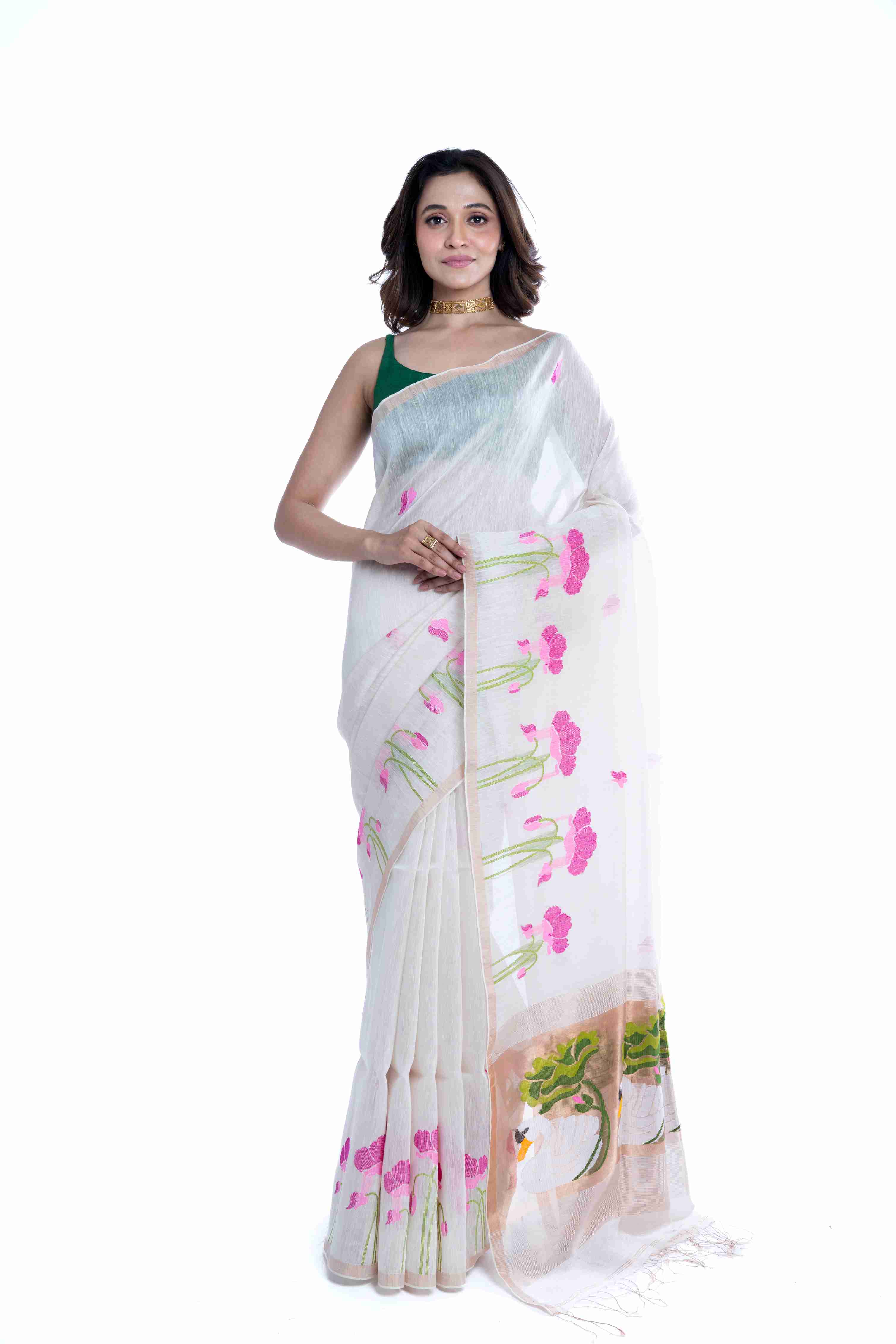 Pure Silk Linen Tissue Saree – Derpar Lotus Paithani Pallu with Jamdani Work
