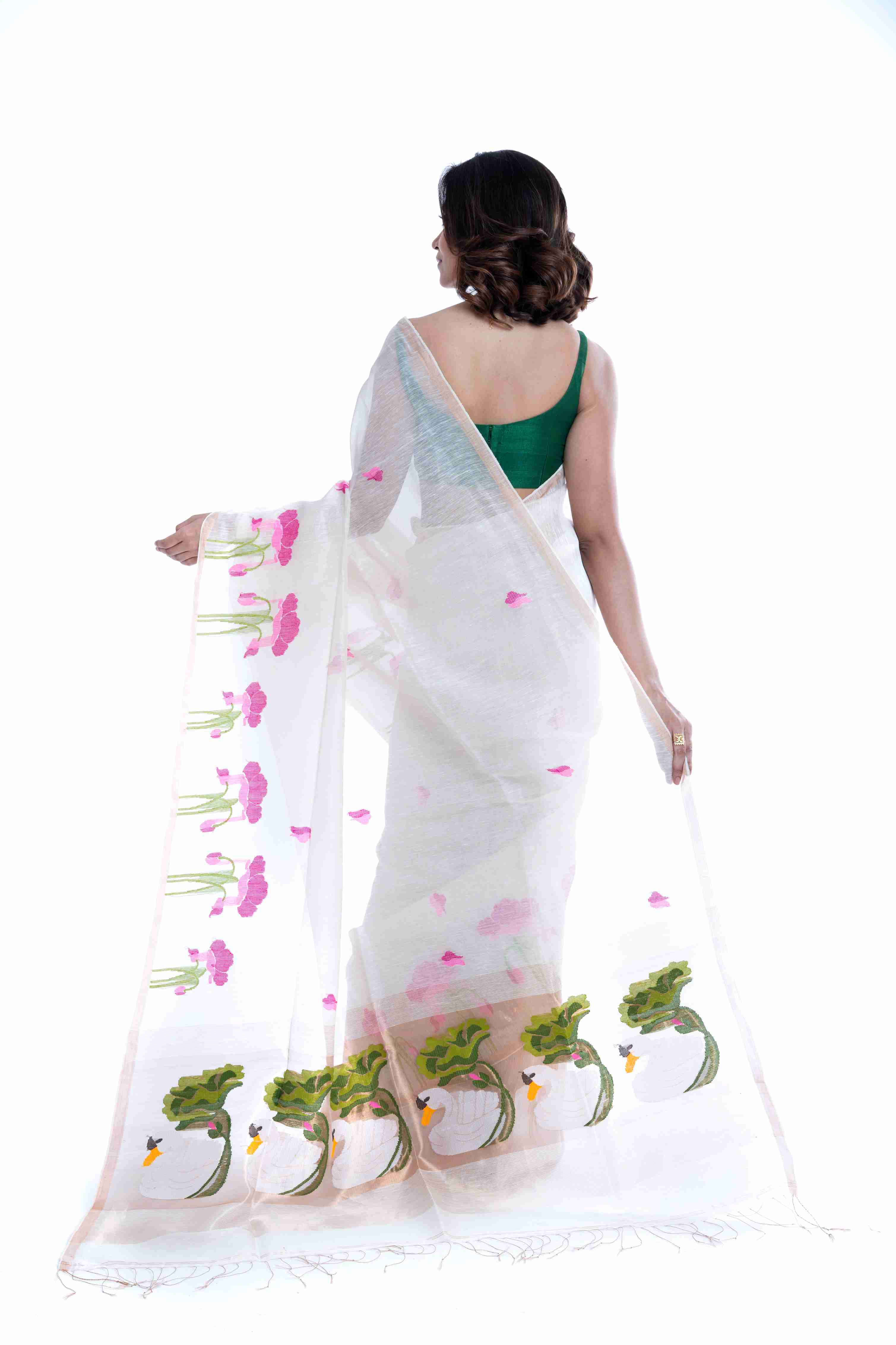 Pure Silk Linen Tissue Saree – Derpar Lotus Paithani Pallu with Jamdani Work