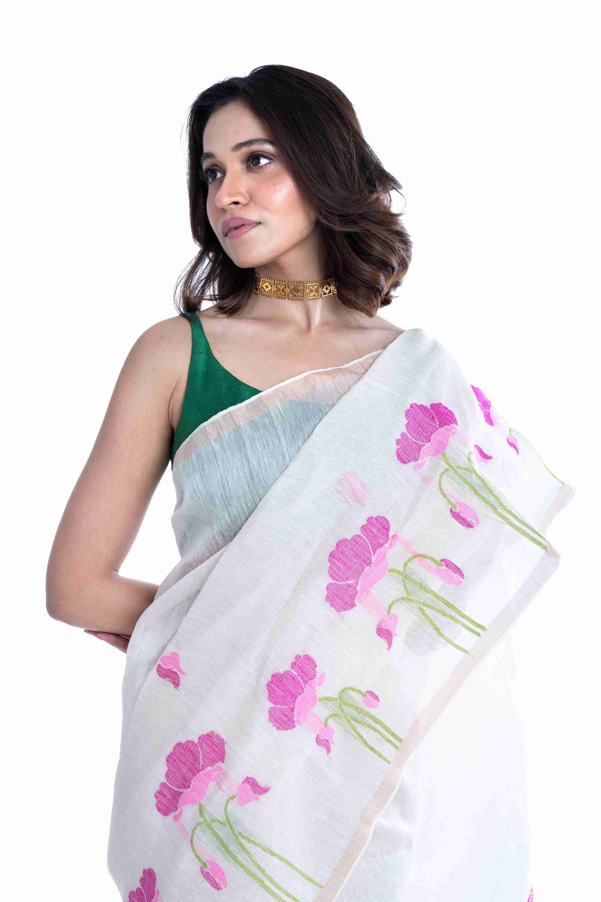 Pure Silk Linen Tissue Saree – Derpar Lotus Paithani Pallu with Jamdani Work