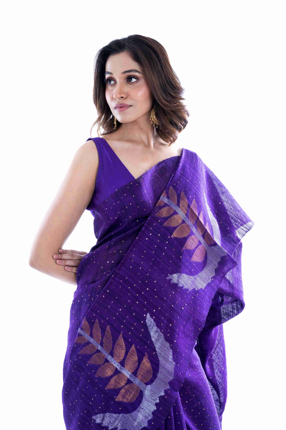 Premium Matka Silk Saree with Allover Sequins & Jamdani Border – Silk Mark Certified