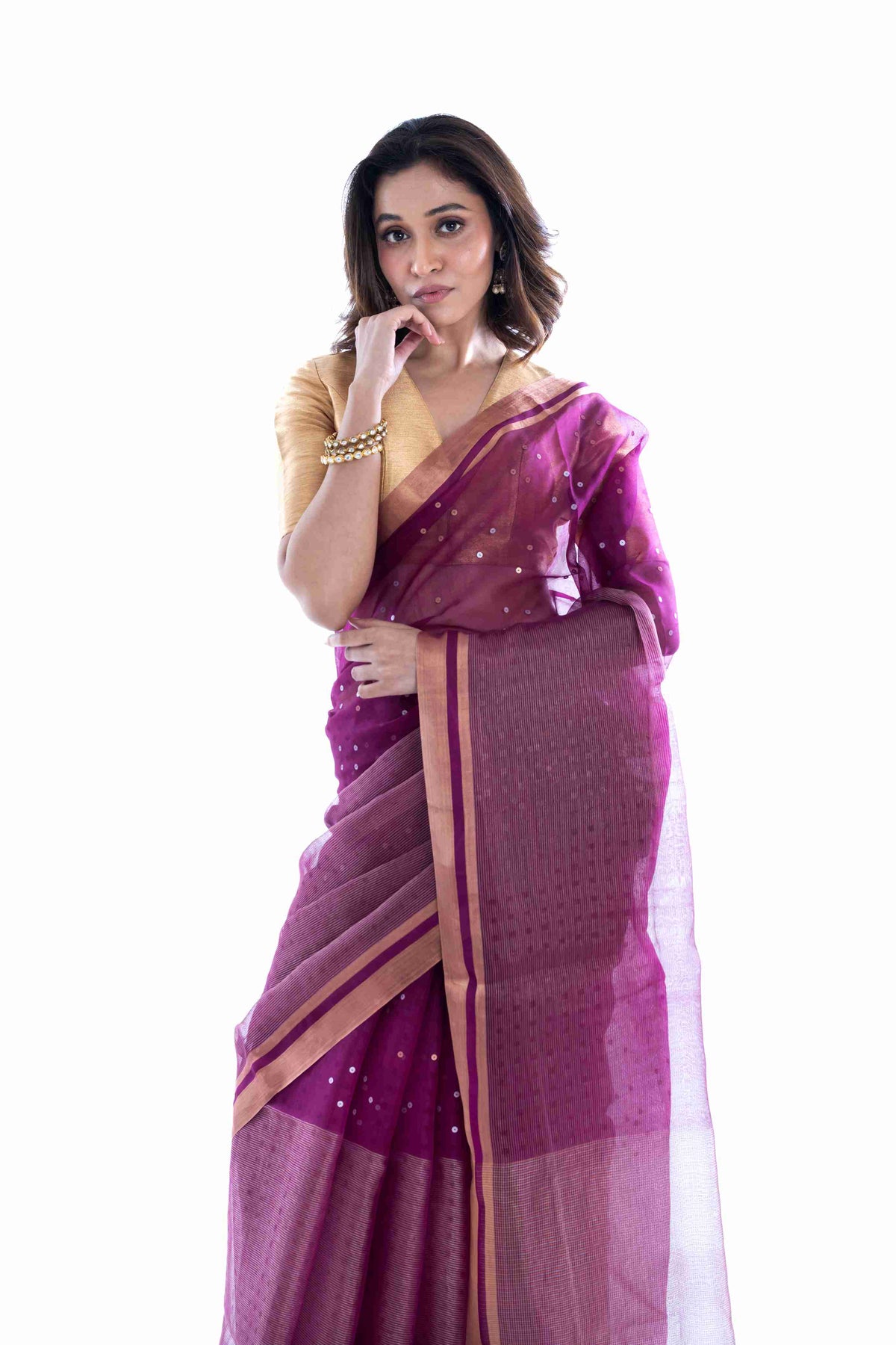 Pure Muslin Saree with One-Side Sequins & One-Side Checks