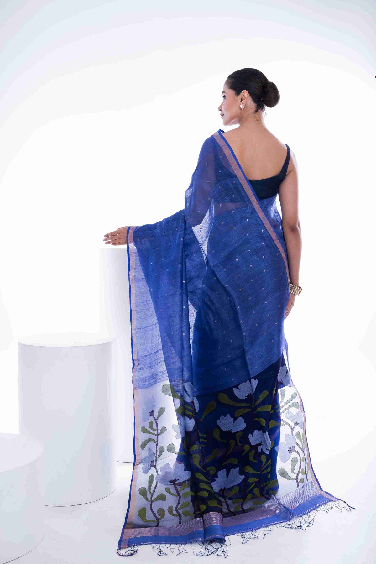 Premium Pure Silk Linen Sequins Saree with Jamdani Pallu