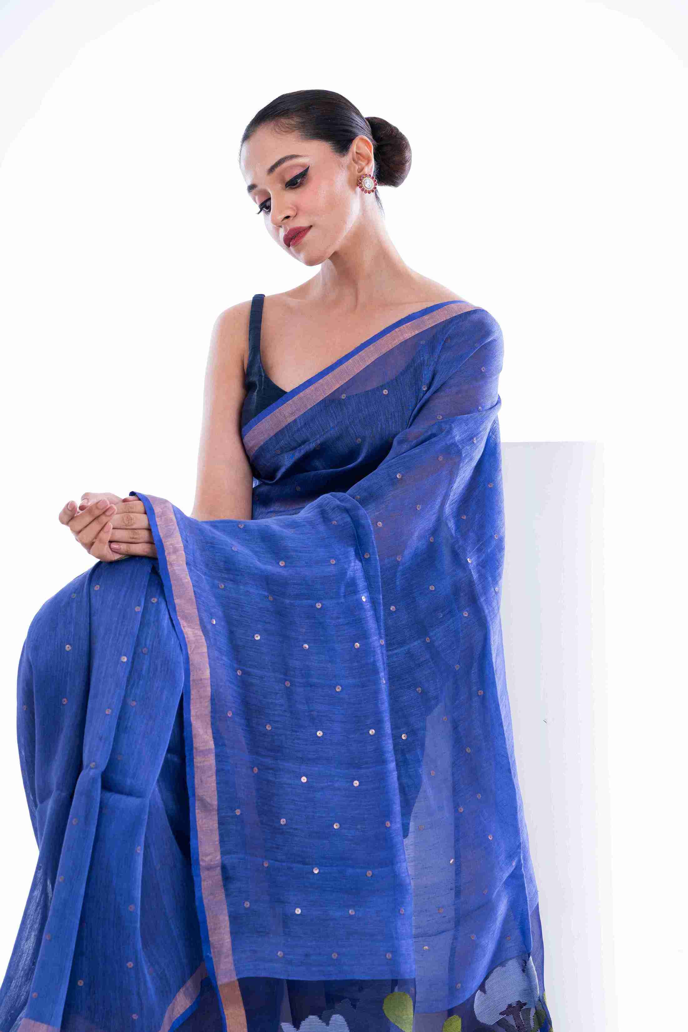 Premium Pure Silk Linen Sequins Saree with Jamdani Pallu