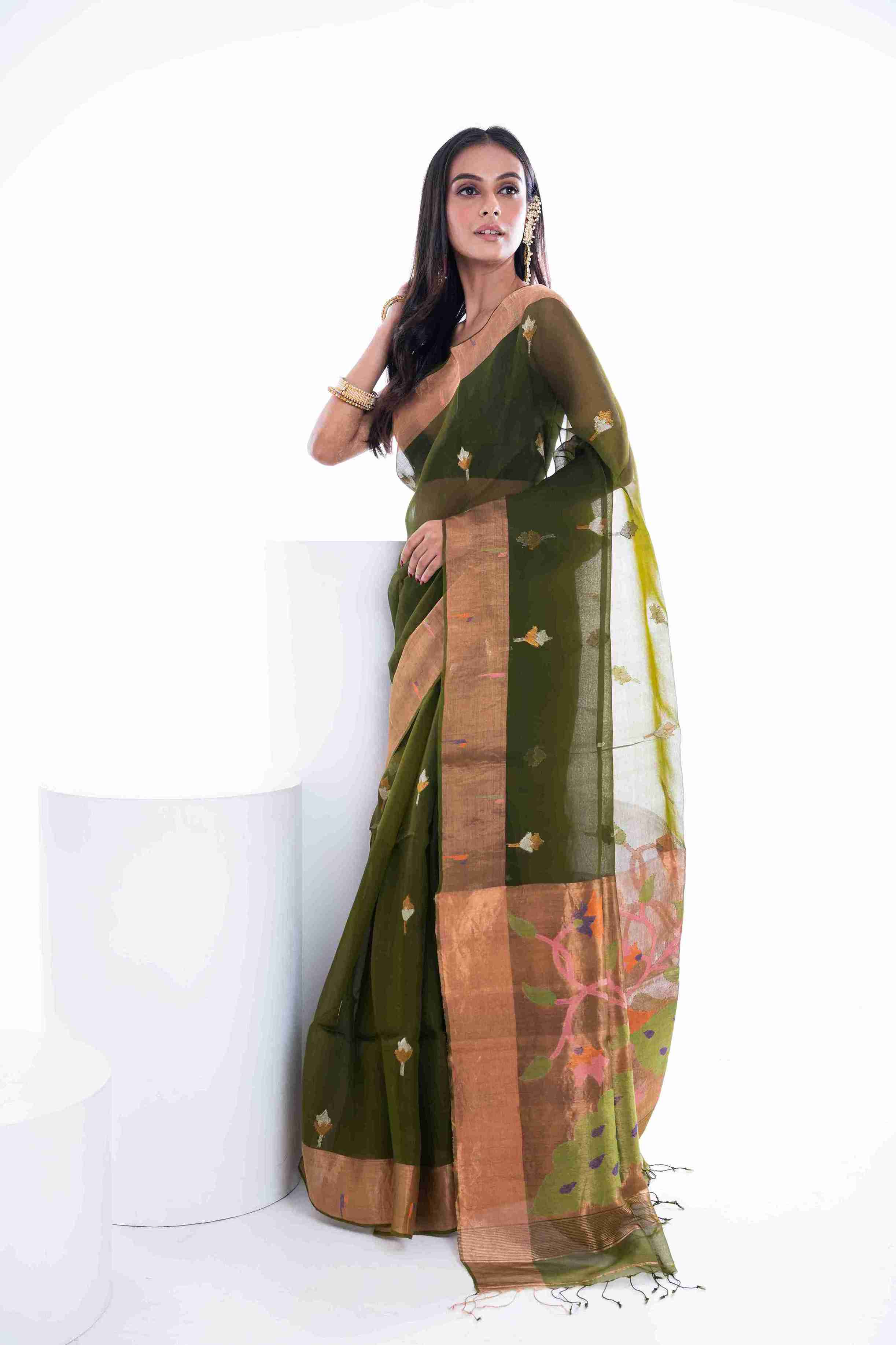 Pure Muslin Paithani Saree with Hockey Stick Border & Jamdani Work
