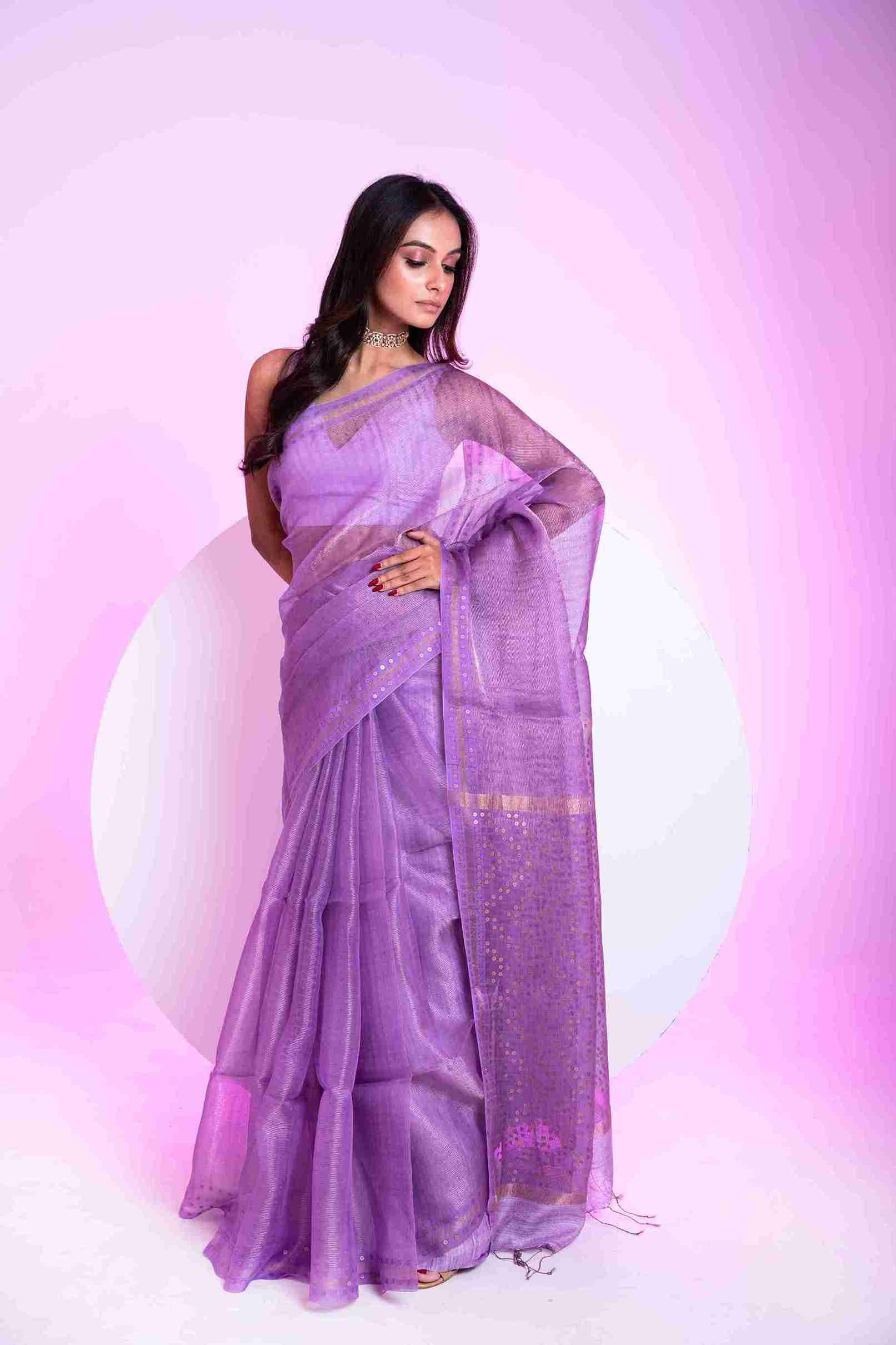 Elegant Pure Tissue Muslin Saree with Sequins Zigzag Work