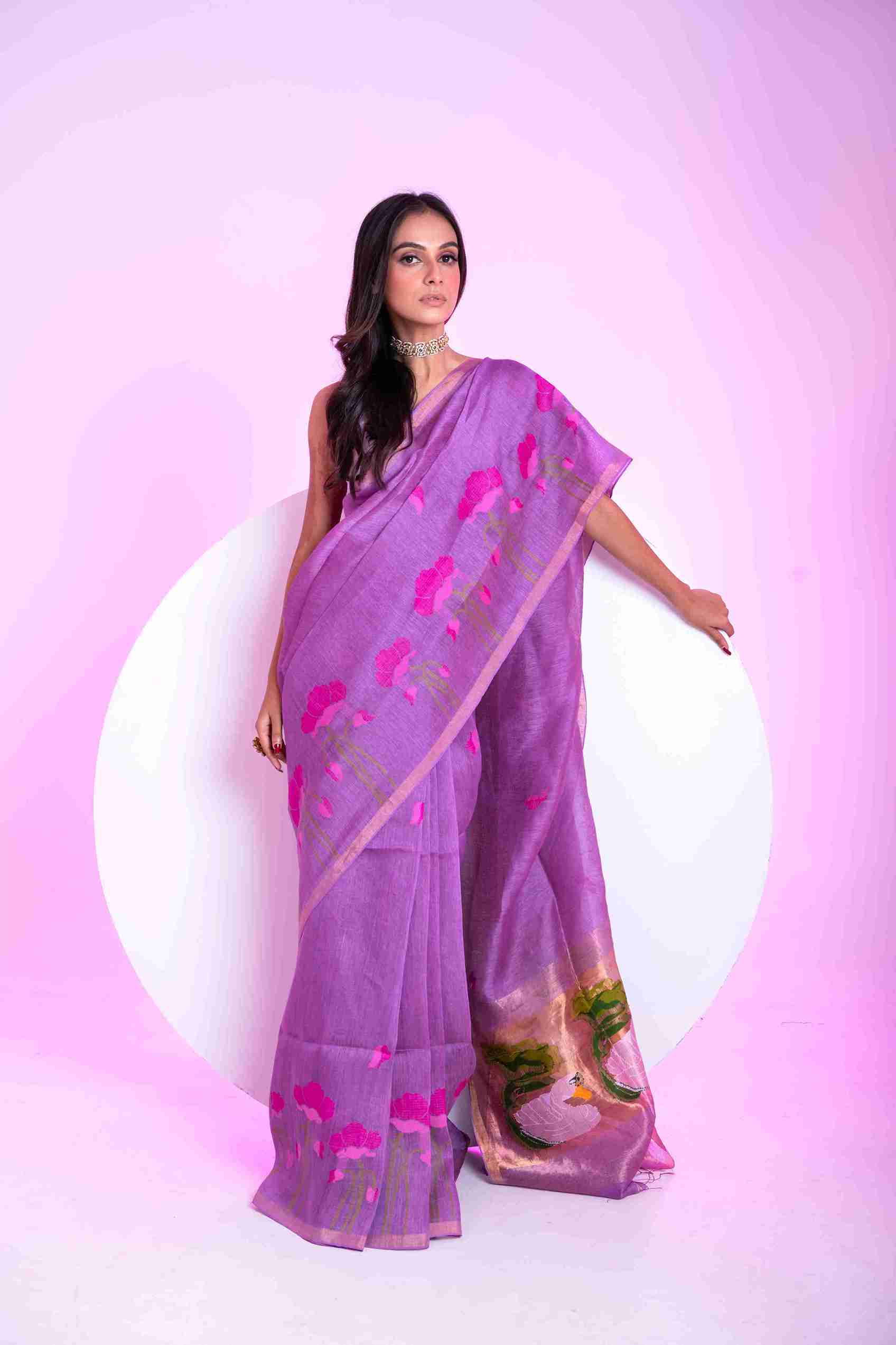PURE SILK LINEN TISSUE SAREE - DERPAR LOTUS PAITHANI PALLU WITH JAMDANI WORK