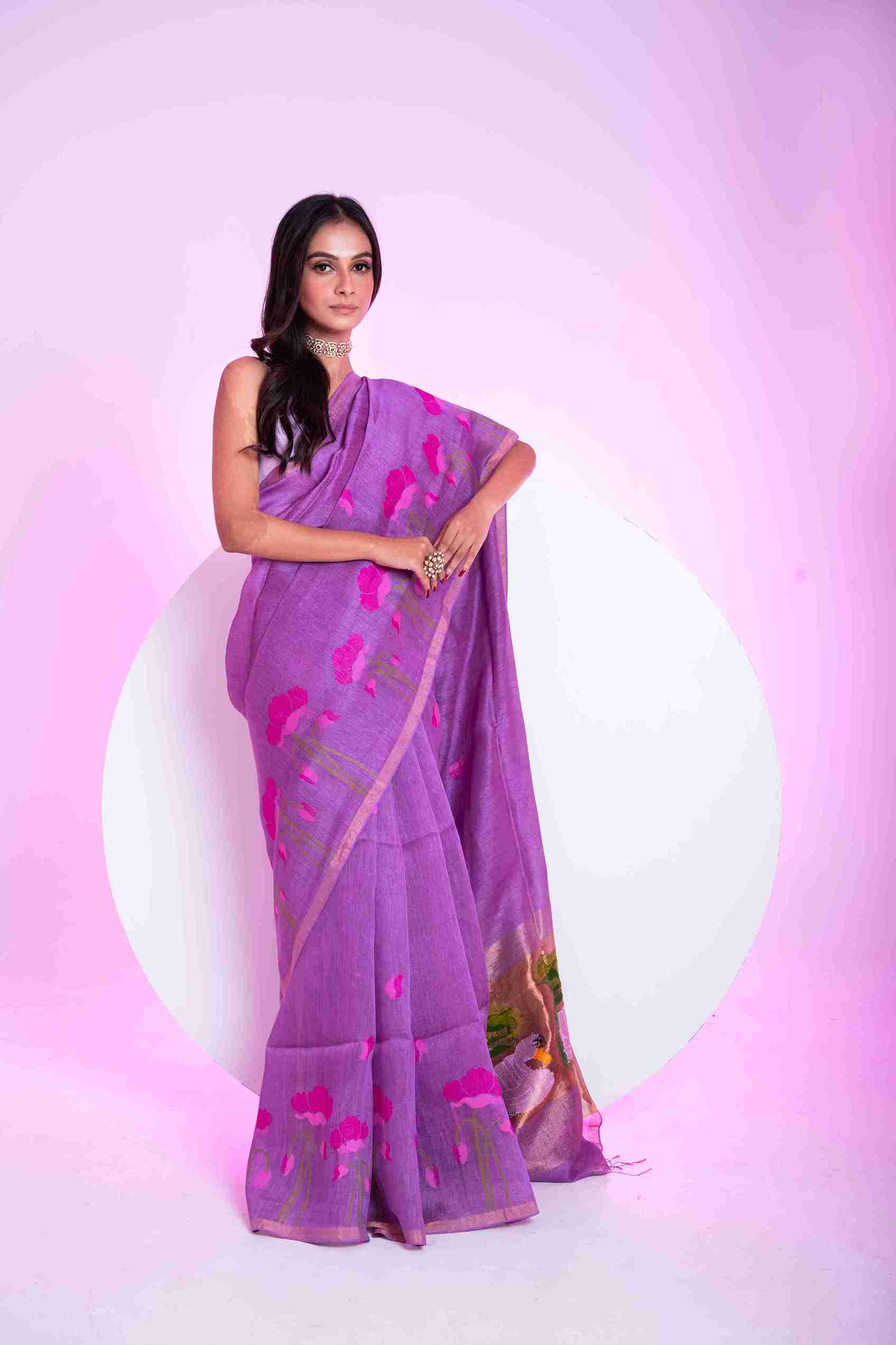 PURE SILK LINEN TISSUE SAREE - DERPAR LOTUS PAITHANI PALLU WITH JAMDANI WORK