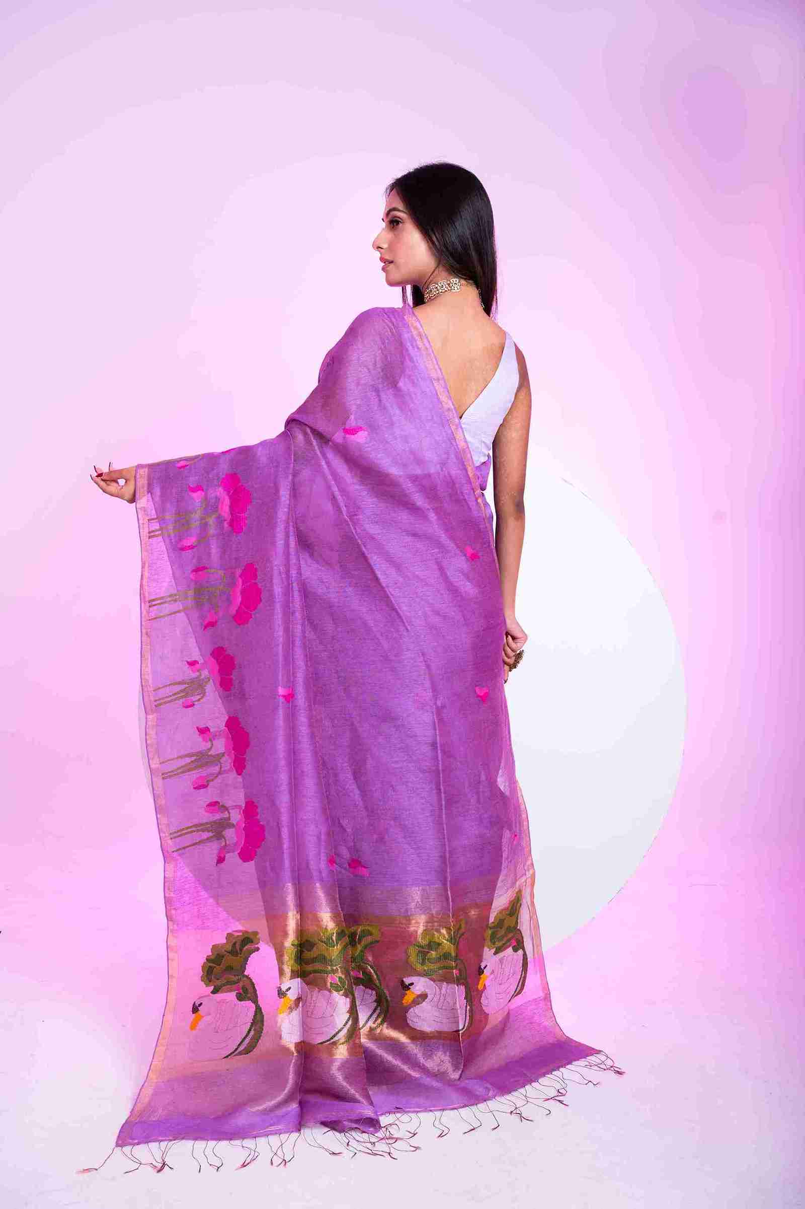 PURE SILK LINEN TISSUE SAREE - DERPAR LOTUS PAITHANI PALLU WITH JAMDANI WORK