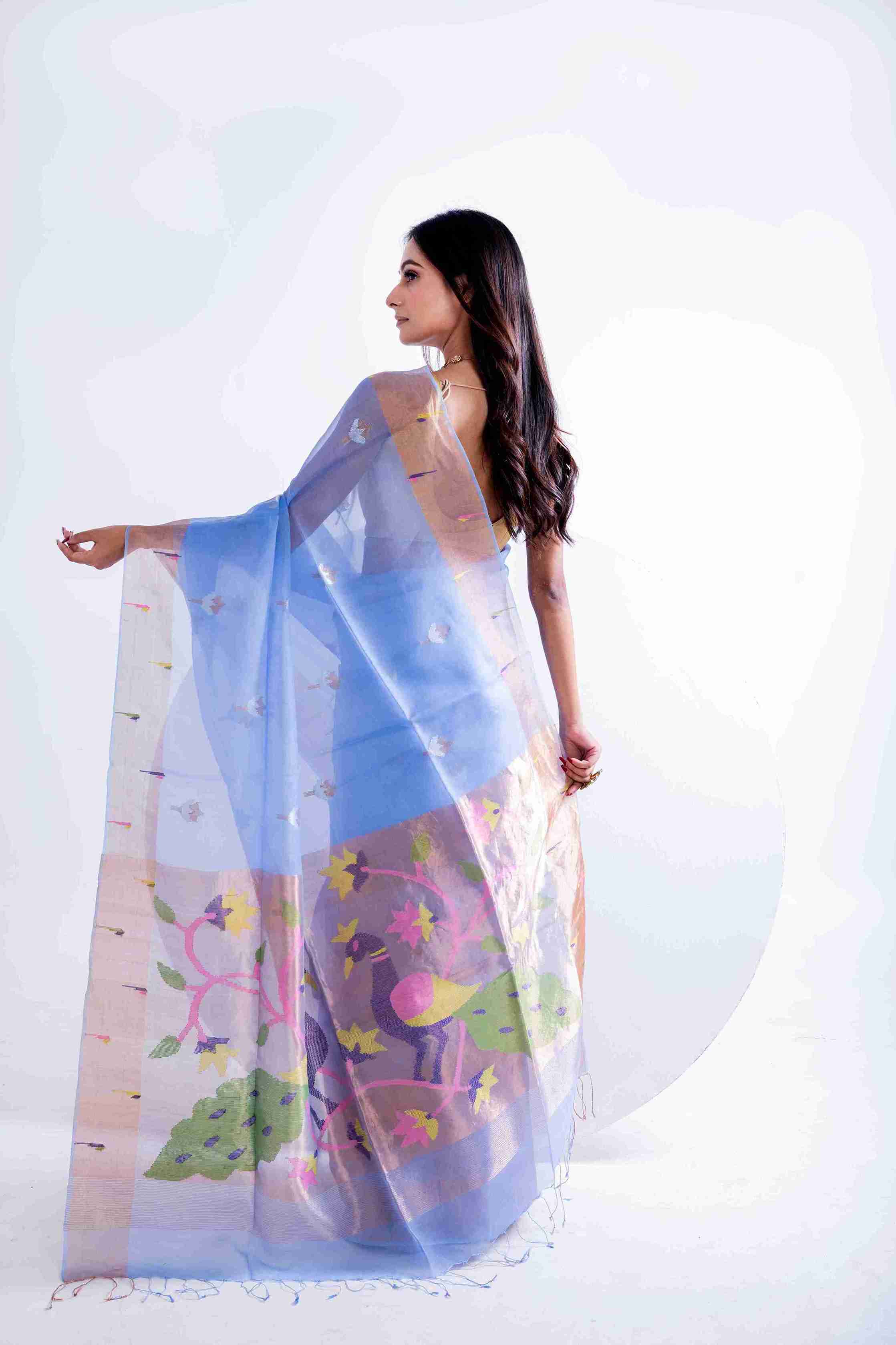 Pure Muslin Paithani Saree with Hockey Stick Border & Jamdani Work