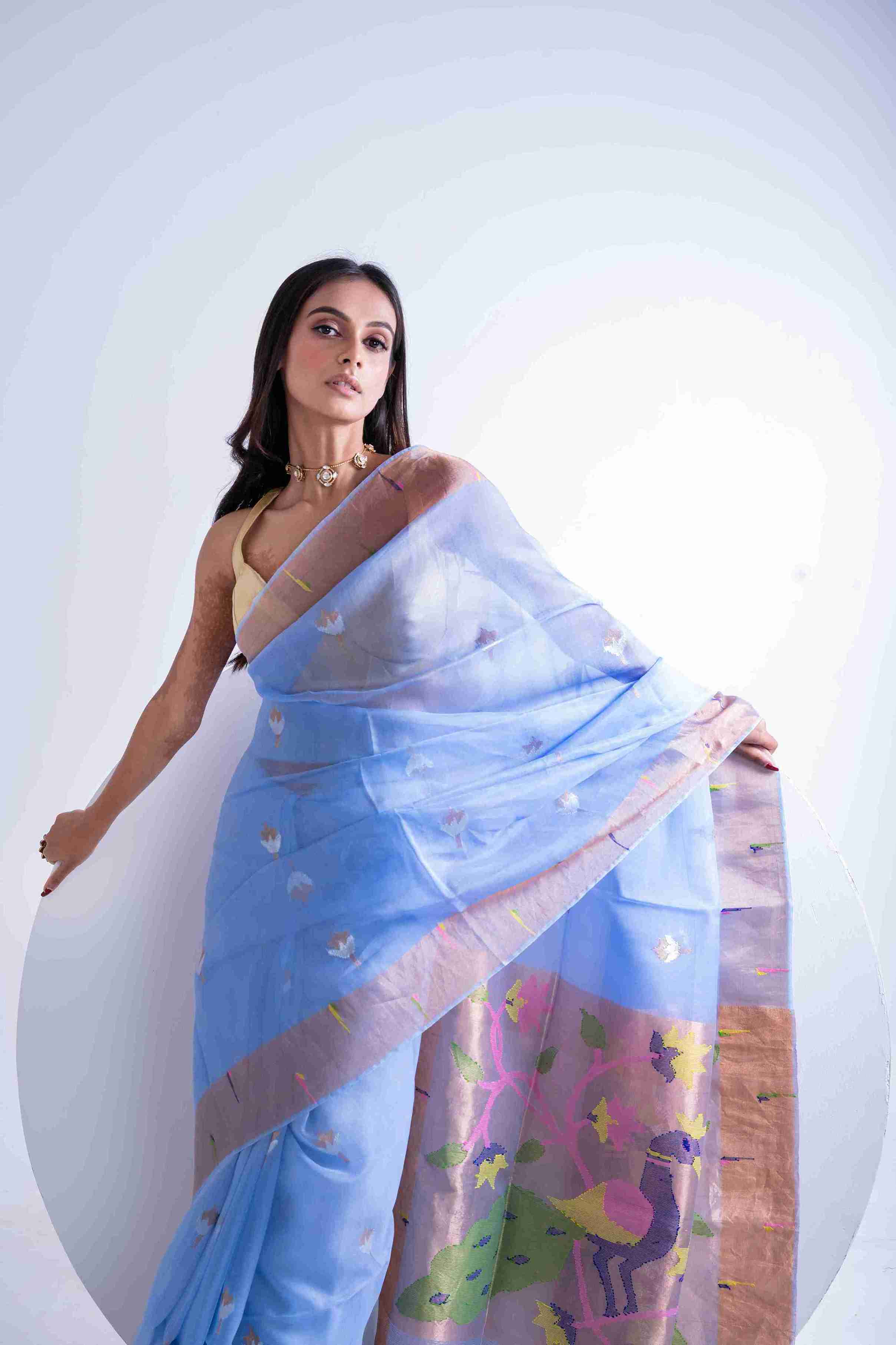 Pure Muslin Paithani Saree with Hockey Stick Border & Jamdani Work