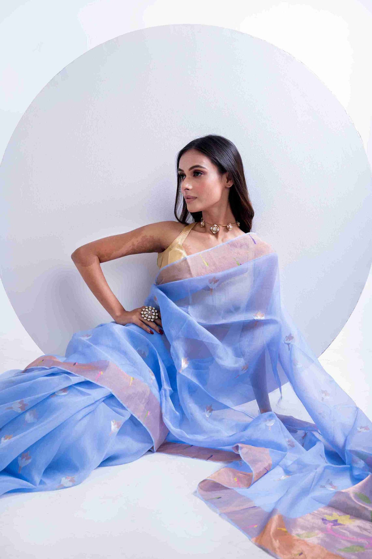 Pure Muslin Paithani Saree with Hockey Stick Border & Jamdani Work