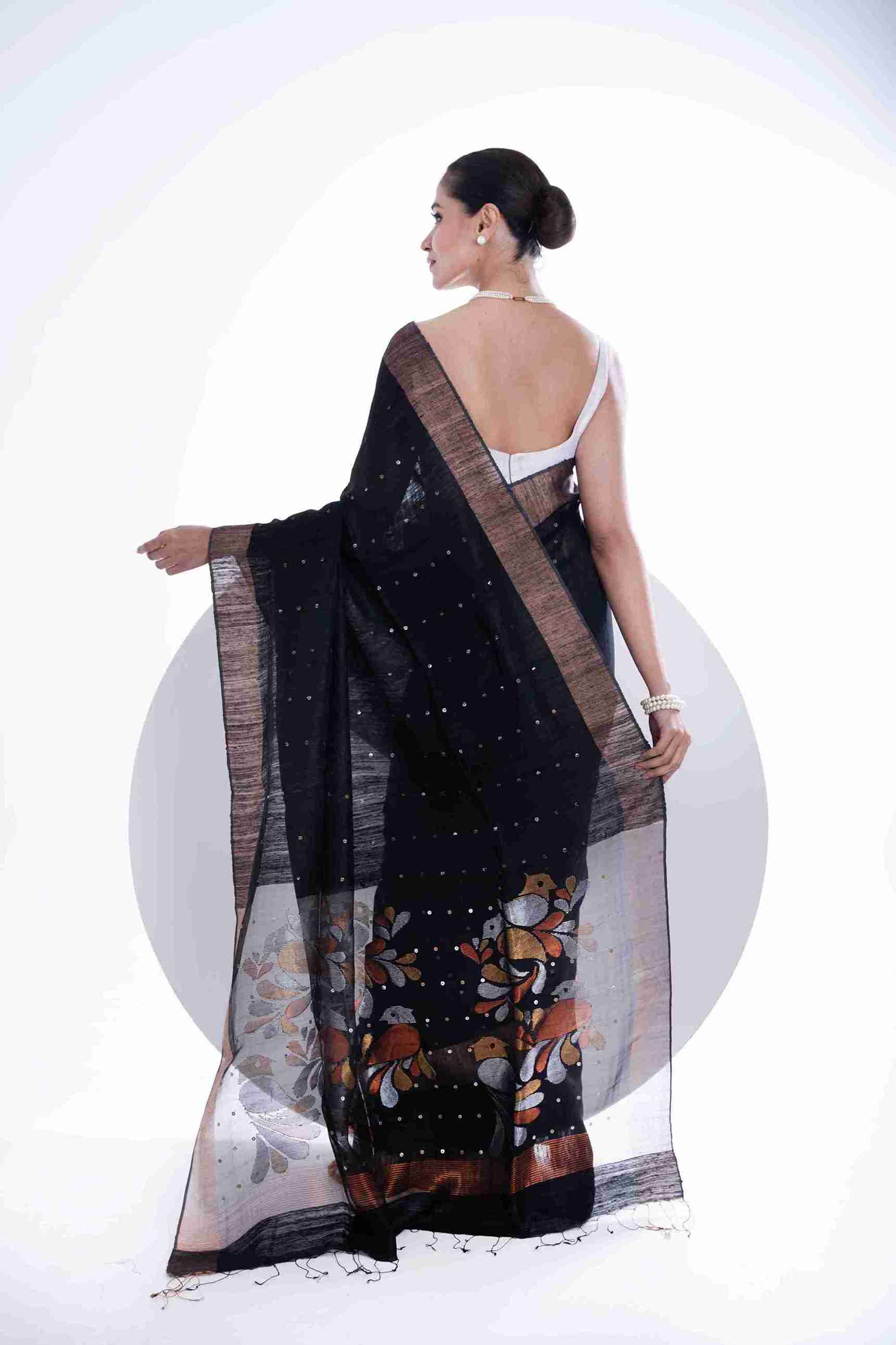 Pure Matka Silk Saree with Sequins Pallu & Muslin Jamdani