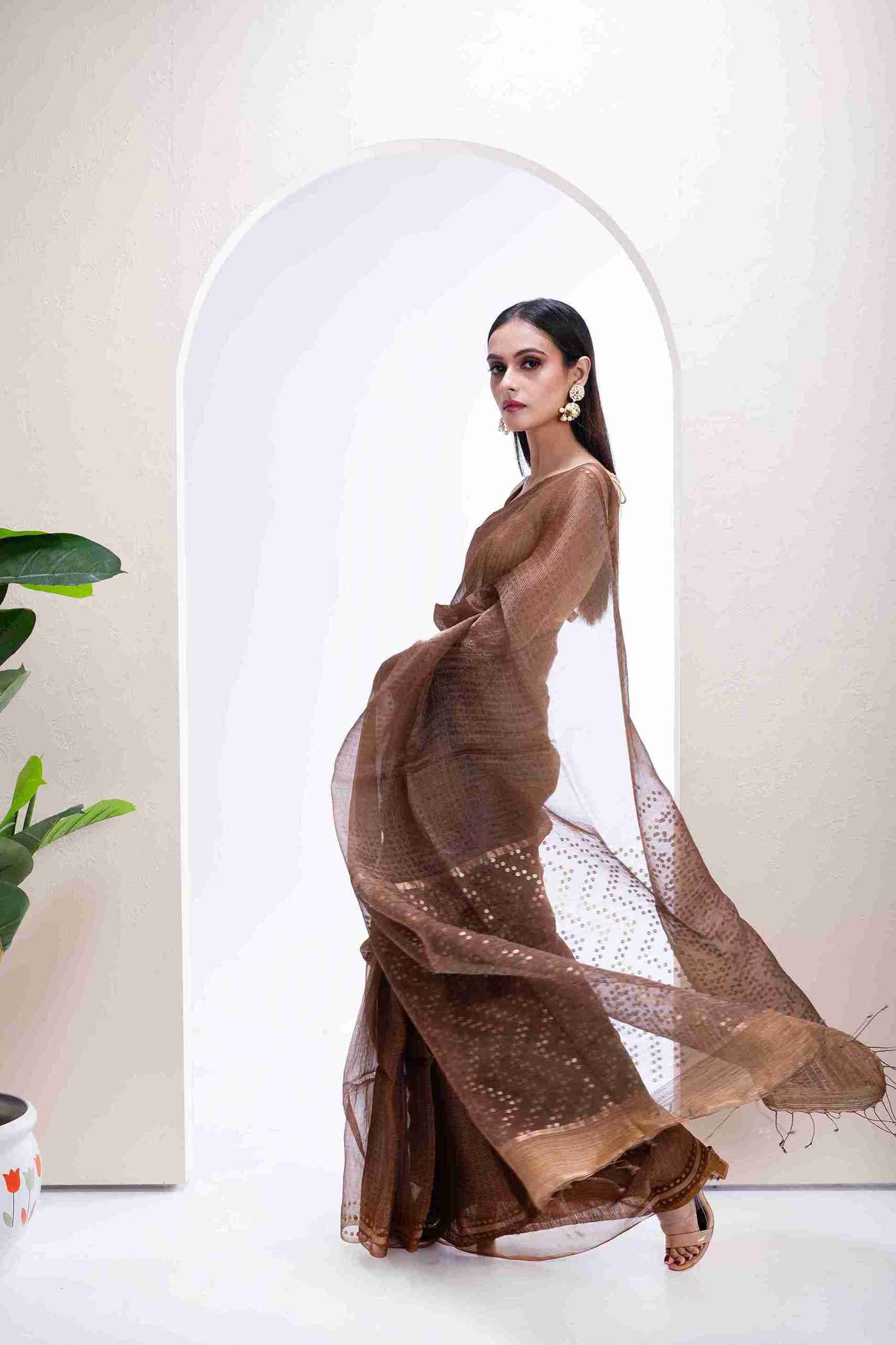 Elegant Pure Tissue Muslin Saree with Sequins Zigzag Work