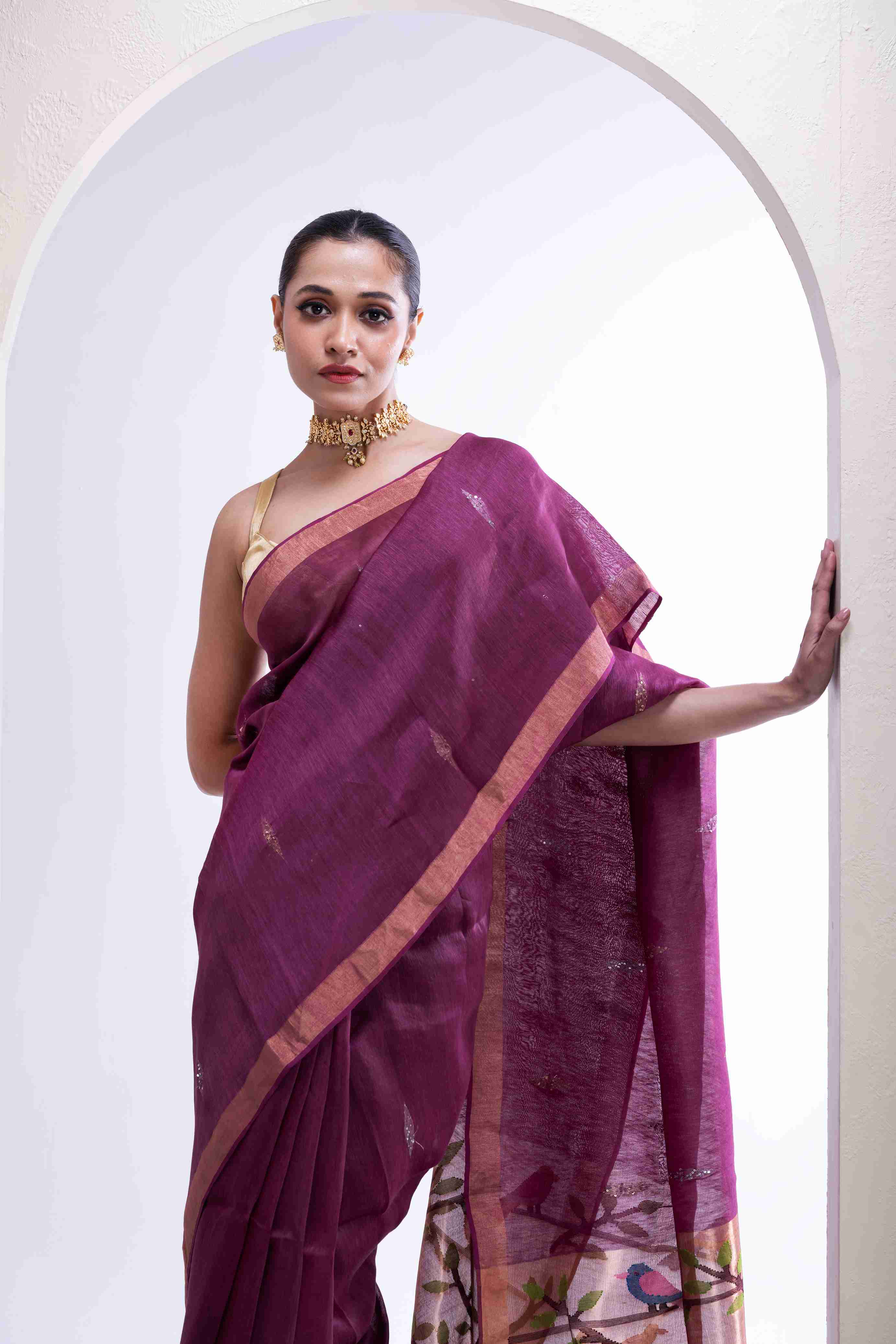 Pure Silk Linen Paithani Jamdani Saree