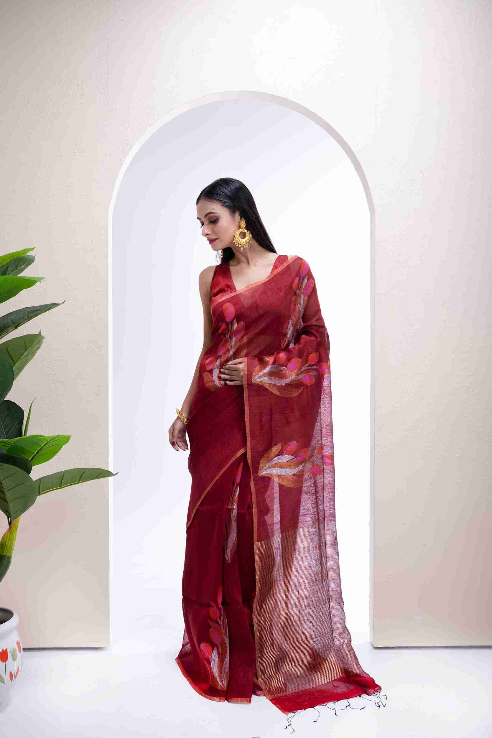 Pure Silk Linen Tulip Jamdani Saree