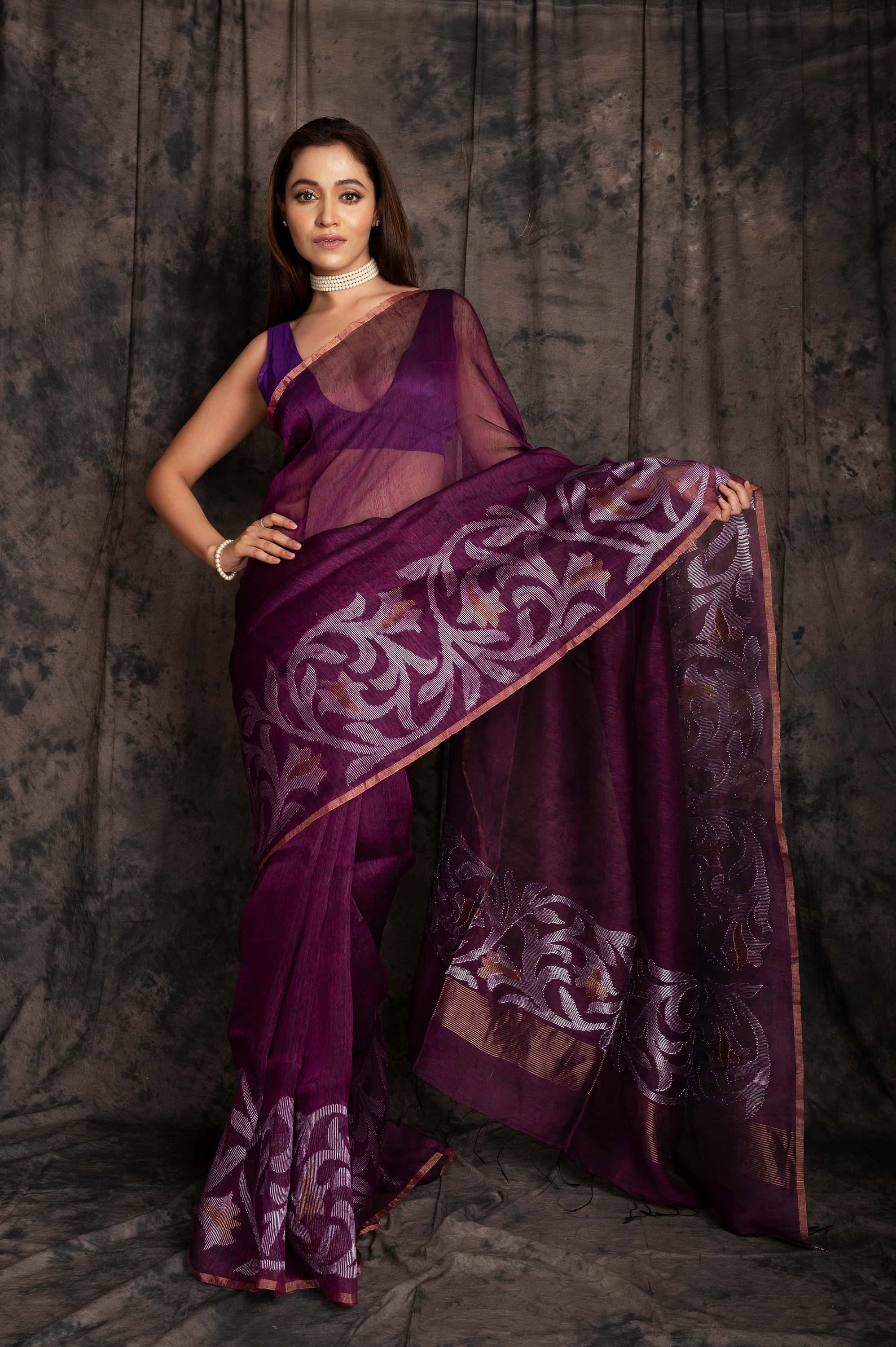 Silk Linen Oneside Silver Jamdani  In Purple