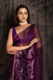 Silk Linen Oneside Silver Jamdani  In Purple