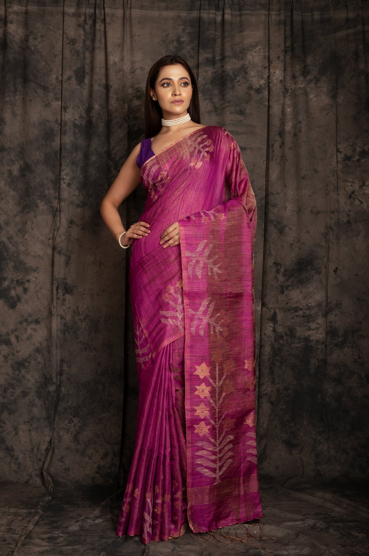 Matka Golden Zari  Leaf Tissue Jamdani In Purple Colour