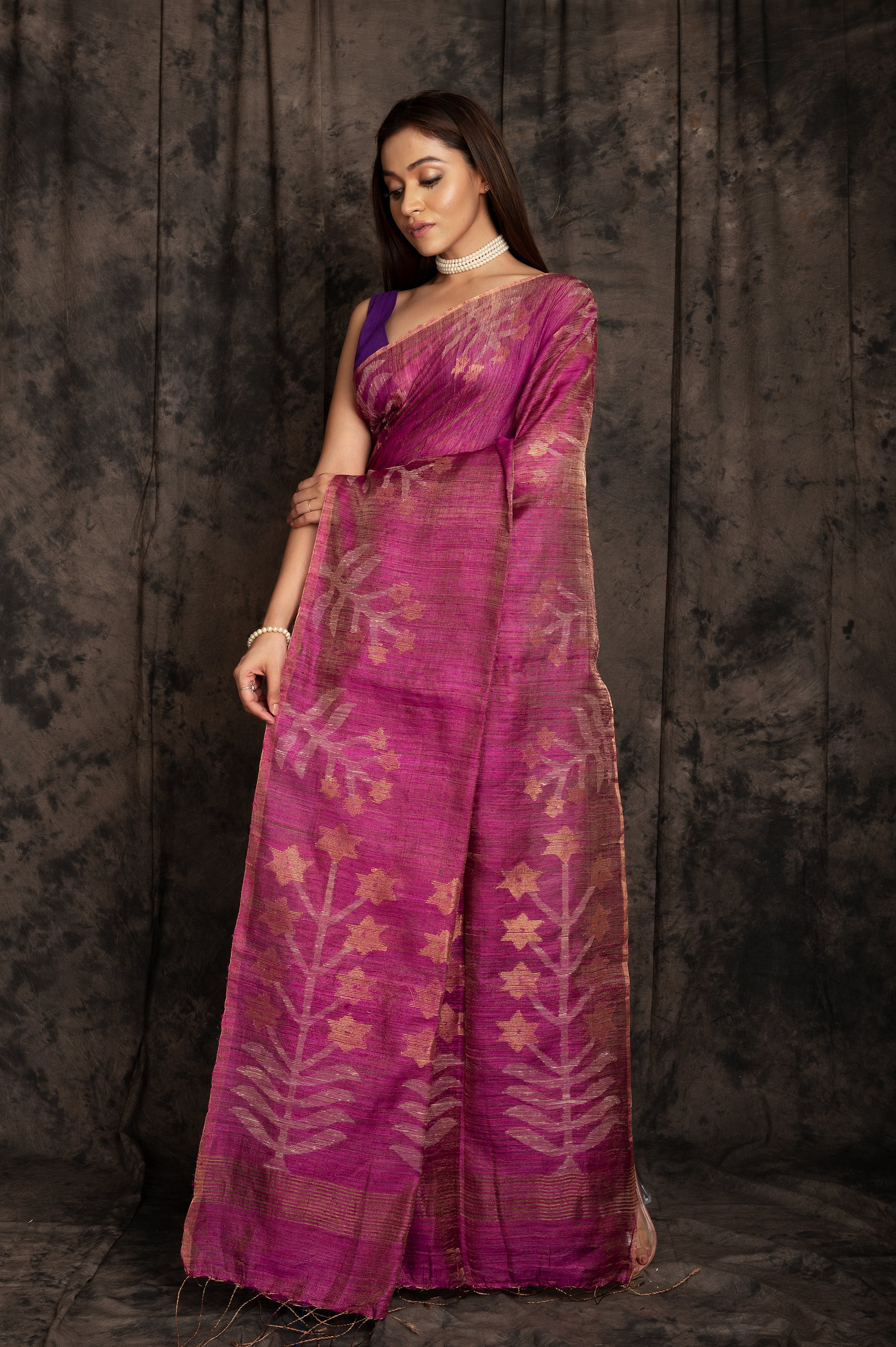 Matka Golden Zari  Leaf Tissue Jamdani In Purple Colour