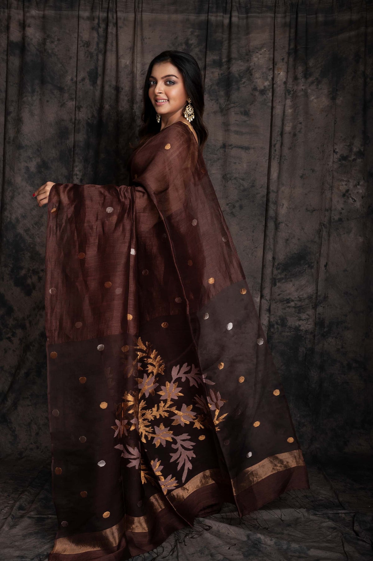 Silk Linen Allover Ball Jamdani In Brown Colour