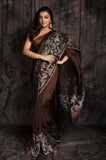 Silk Linen Oneside Silver Jamdani In Brown Colour