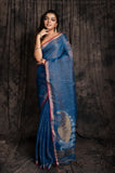 Tissue Linen Pallu  Aam  Kolka Jamdani In Blue Colour