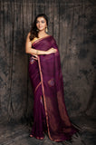 Linen  Sliver Zari Hibiscus Jamdani In Magenta Colour